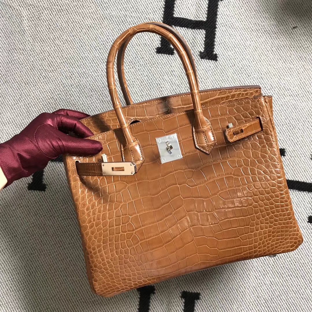 hermès爱马仕birkin铂金包咖啡色鳄鱼皮银扣纯手工30cm
