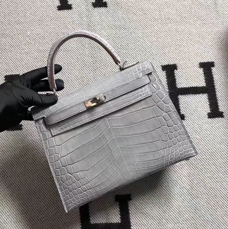 hermès(爱马仕)kelly 凯莉包 冰川灰 鳄鱼皮 25cm 银