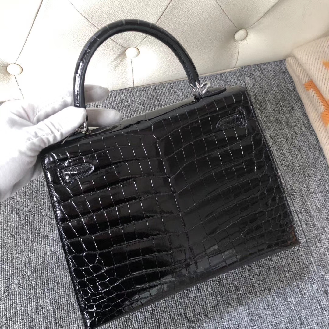 hermès(爱马仕)kelly 25cm crocodile shiny 亮面鳄鱼 ck89黑色 noir