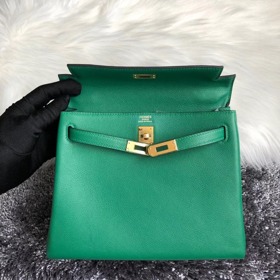 hermès(爱马仕)kelly 25cm evecolor u4 丝绒绿 金扣
