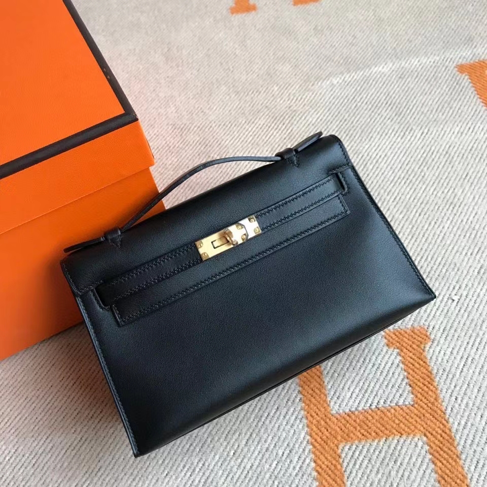 hermès(爱马仕)mini kelly pochette 22cm swift ck89 黑色 noir 金