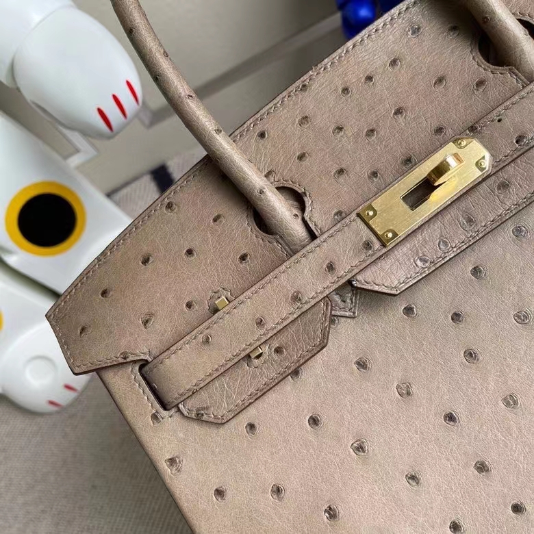 Hermès（爱马仕）Birkin 铂金包 Ostrich kk鸵鸟 ck18 大象灰Etoupe 金扣 30cm 顶级手缝