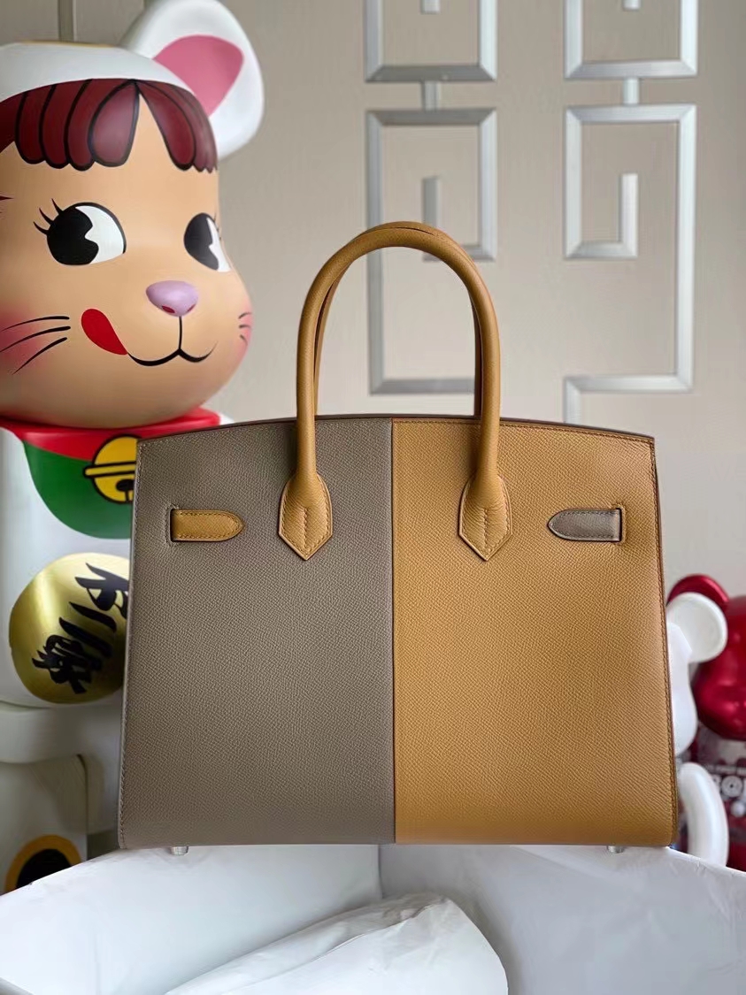 Hermès（爱马仕）Birkin 铂金包 Epsom 原厂掌纹皮 2S芝麻黄锡器灰 内拼坦桑尼亚蓝 银扣 30cm