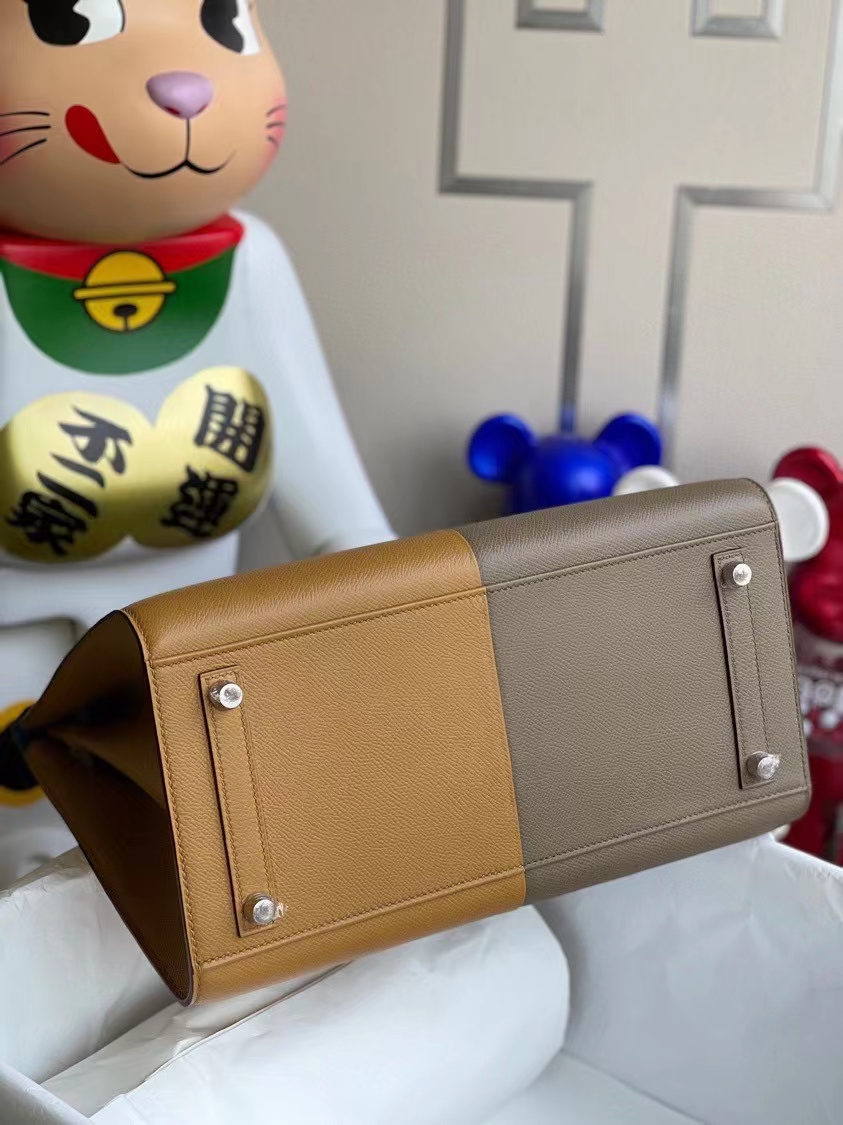 Hermès（爱马仕）Birkin 铂金包 Epsom 原厂掌纹皮 2S芝麻黄锡器灰 内拼坦桑尼亚蓝 银扣 30cm