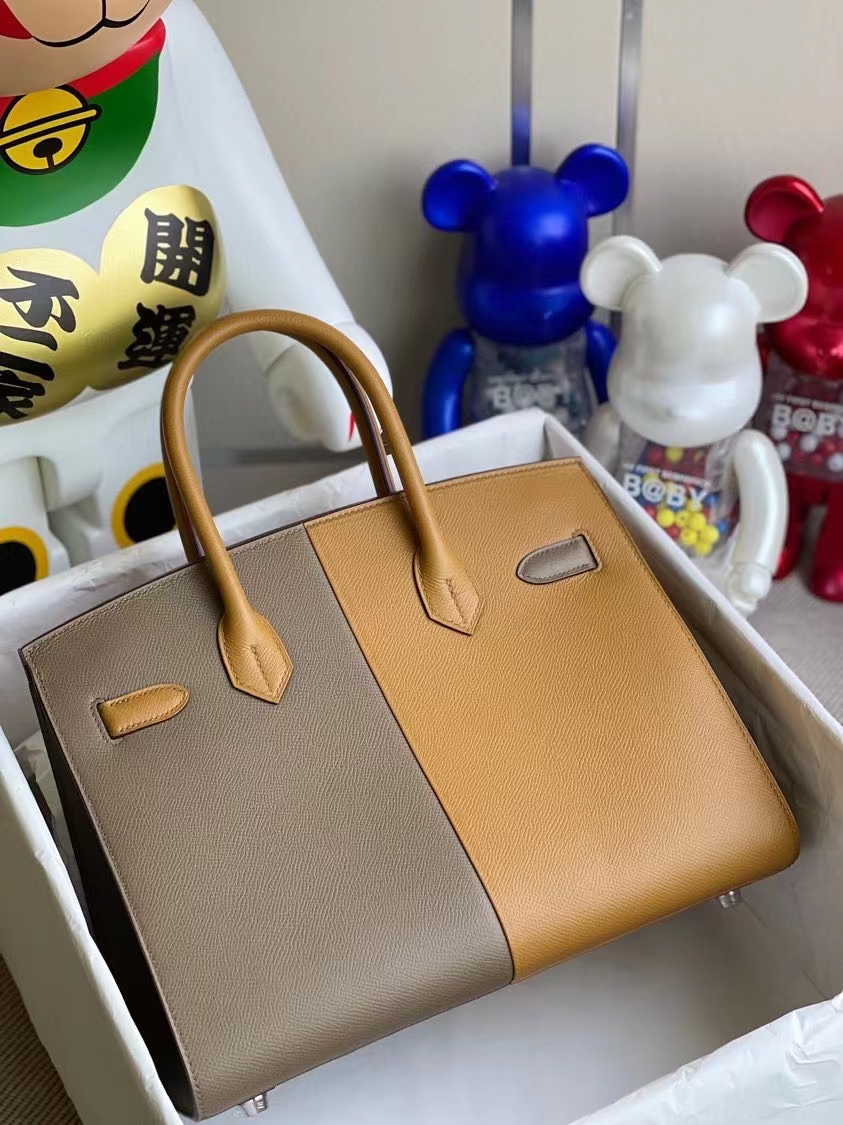Hermès（爱马仕）Birkin 铂金包 Epsom 原厂掌纹皮 2S芝麻黄锡器灰 内拼坦桑尼亚蓝 银扣 30cm