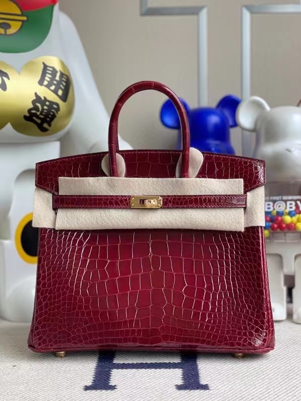 Hermès（爱马仕）Birkin 铂金包 Alligator shiny 亮面鳄鱼 F5 勃艮第酒红 25cm 金扣 顶级手缝  现货