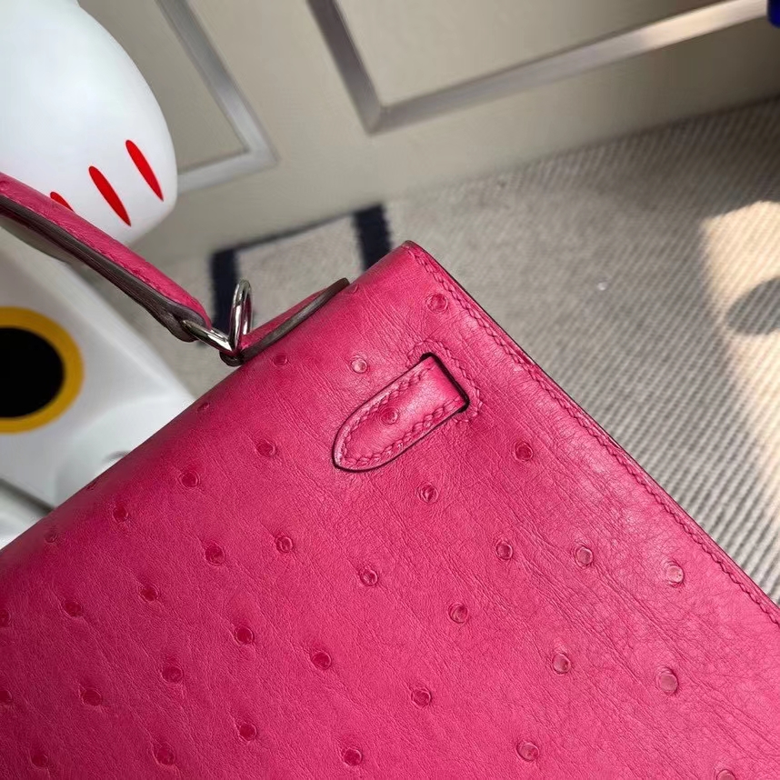 Hermès（爱马仕）Kelly 凯莉包 Ostrich kk 鸵鸟 E5桃红 银扣 顶级手缝 定制 25cm