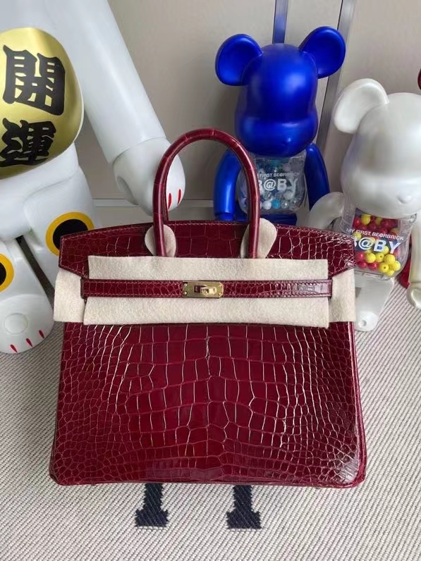Hermès（爱马仕）Birkin 铂金包 Alligator shiny 亮面鳄鱼 F5 勃艮第酒红 25cm 金扣 顶级手缝  现货