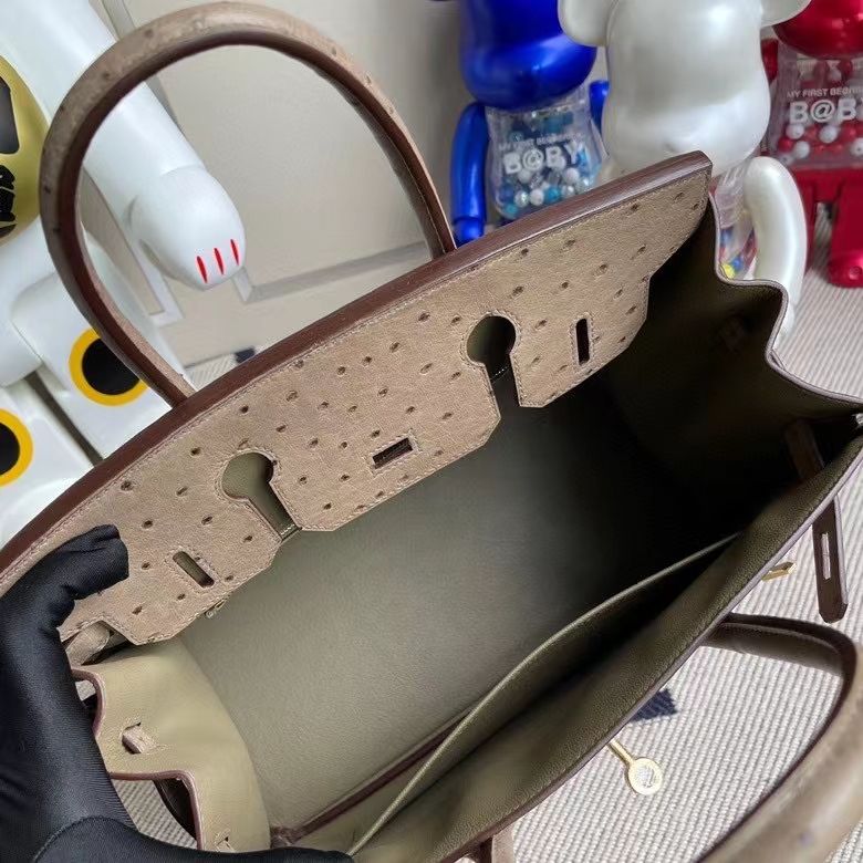 Hermès（爱马仕）Birkin 铂金包 Ostrich kk鸵鸟 ck18 大象灰Etoupe 金扣 30cm 顶级手缝