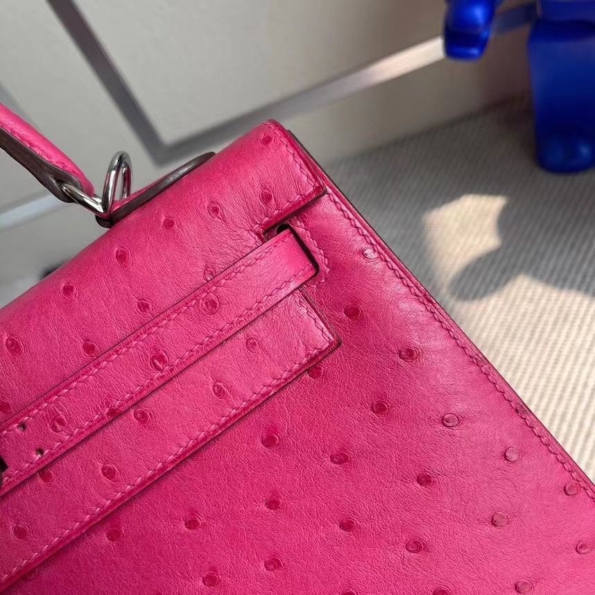 Hermès（爱马仕）Kelly 凯莉包 Ostrich kk 鸵鸟 E5桃红 银扣 顶级手缝 定制 25cm