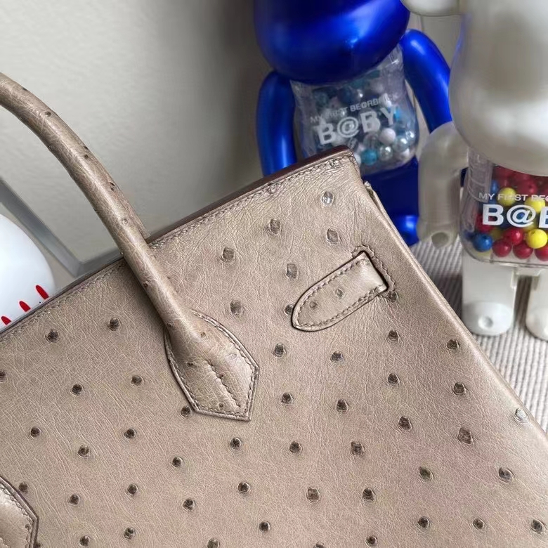 Hermès（爱马仕）Birkin 铂金包 Ostrich kk鸵鸟 ck18 大象灰Etoupe 金扣 30cm 顶级手缝