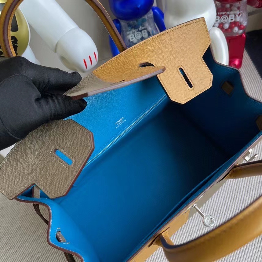 Hermès（爱马仕）Birkin 铂金包 Epsom 原厂掌纹皮 2S芝麻黄锡器灰 内拼坦桑尼亚蓝 银扣 30cm