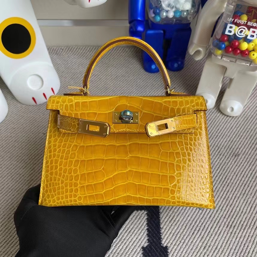 Hermès（爱马仕）Mini kelly ll Alligator shiny 亮面鳄鱼 9D琥珀黄 Ambre 金扣 顶级手缝 现货
