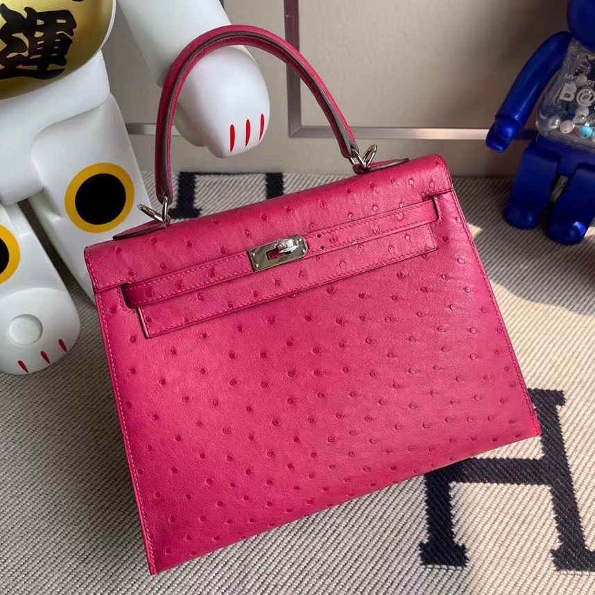 Hermès（爱马仕）Kelly 凯莉包 Ostrich kk 鸵鸟 E5桃红 银扣 顶级手缝 定制 25cm