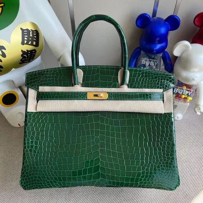 Hermès（爱马仕）Birkin 铂金包 Porosus shiny 亮面澳洲湾鳄 ck67 祖母绿 金扣 35cm 顶级手缝 定制