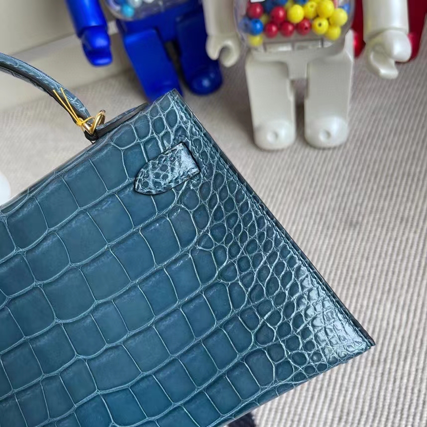 Hermès（爱马仕）Mini kelly ll Alligator shiny 亮面鳄鱼 1p 鸭子蓝 金扣 顶级手缝 现货