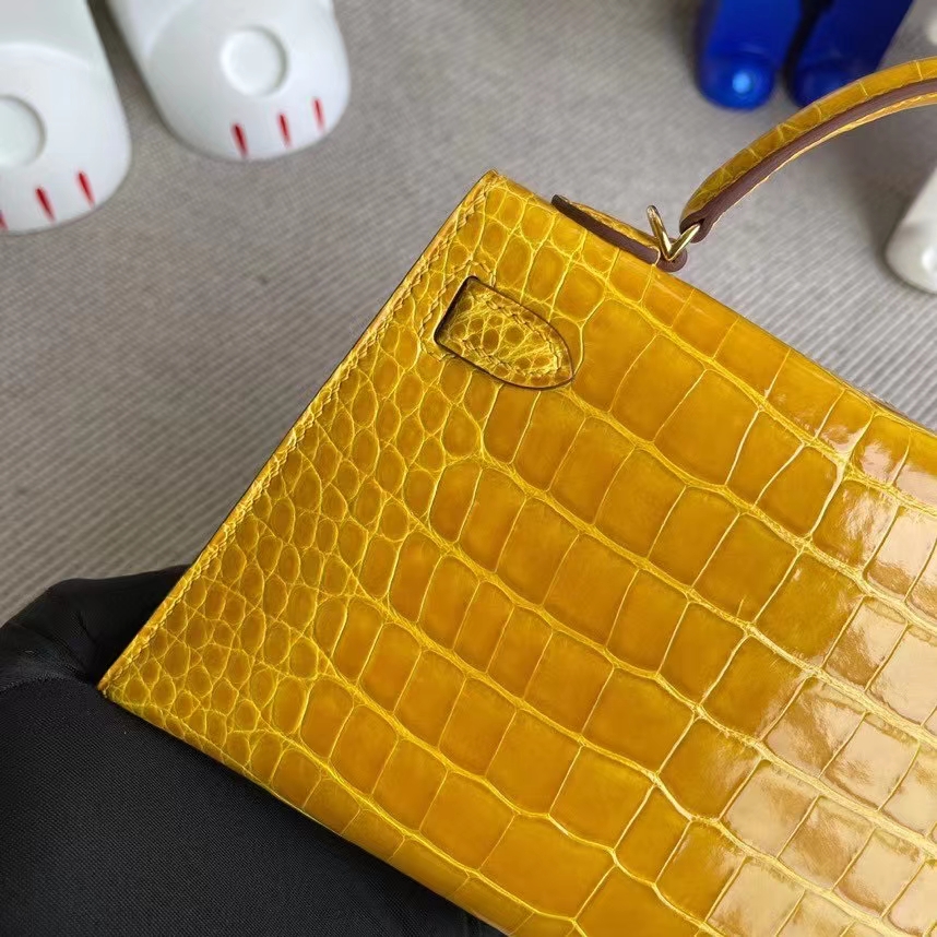 Hermès（爱马仕）Mini kelly ll Alligator shiny 亮面鳄鱼 9D琥珀黄 Ambre 金扣 顶级手缝 现货