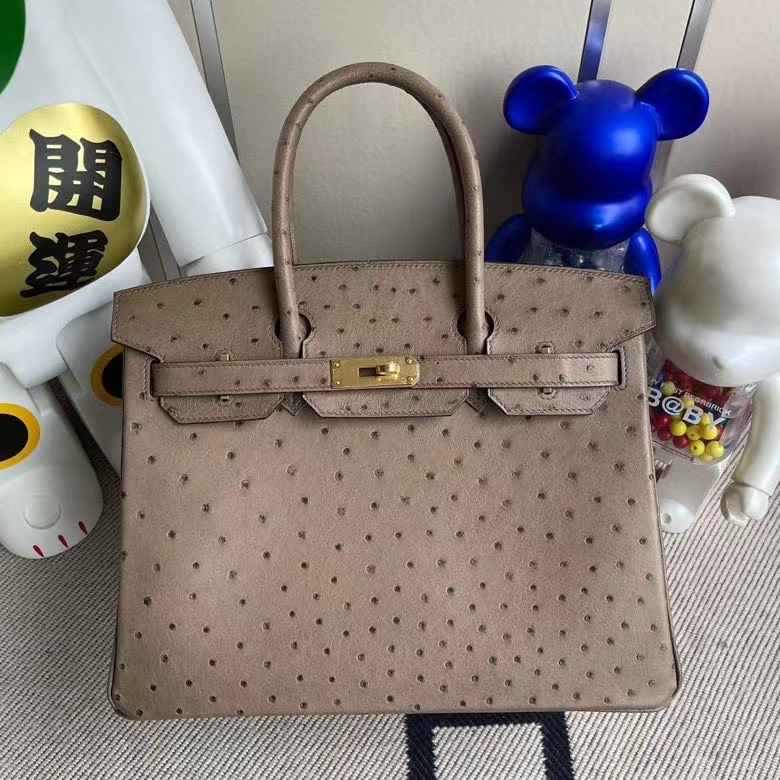 Hermès（爱马仕）Birkin 铂金包 Ostrich kk鸵鸟 ck18 大象灰Etoupe 金扣 30cm 顶级手缝
