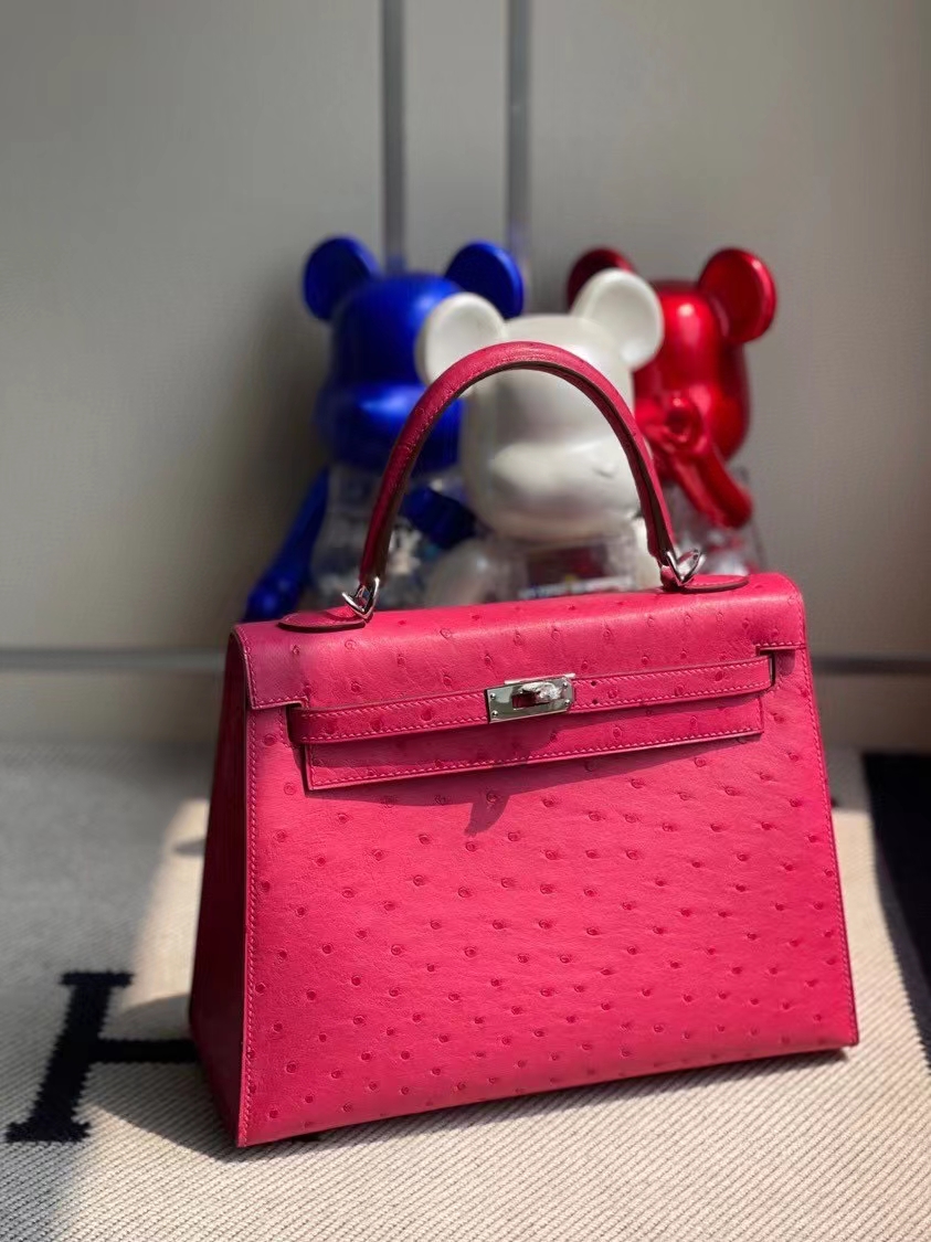 Hermès（爱马仕）Kelly 凯莉包 Ostrich kk 鸵鸟 E5桃红 银扣 顶级手缝 定制 25cm