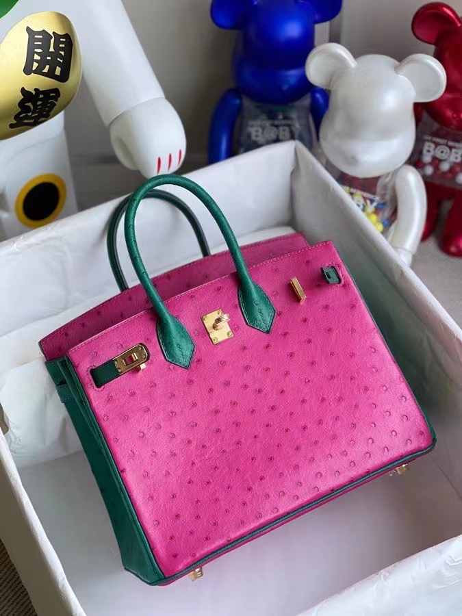 Hermès（爱马仕）Birkin 铂金包 Ostrich kk鸵鸟 天方夜谭粉拼紫丝绒绿 金扣 马蹄印 25cm 定制