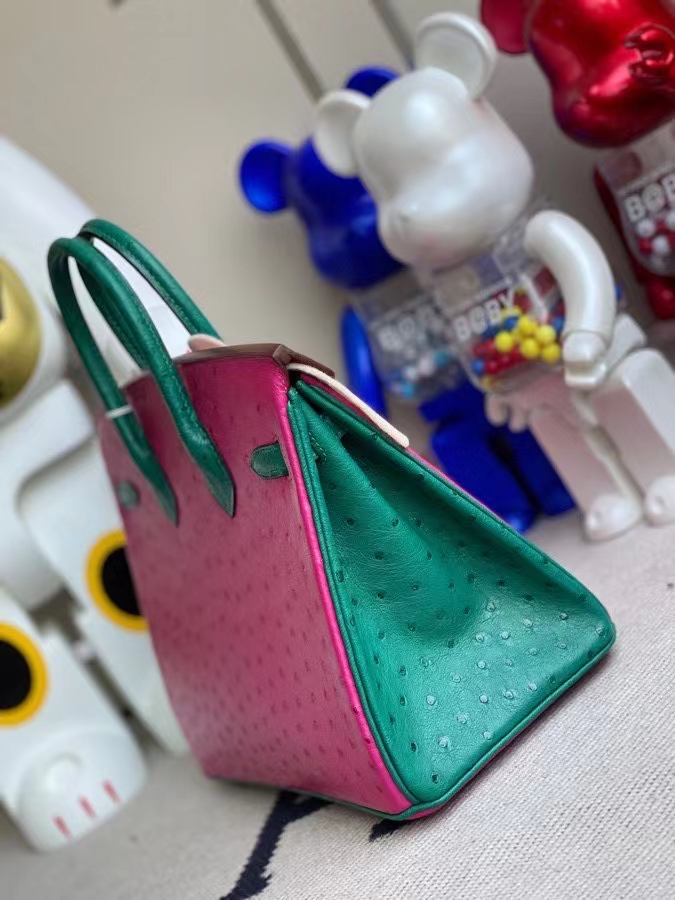 Hermès（爱马仕）Birkin 铂金包 Ostrich kk鸵鸟 天方夜谭粉拼紫丝绒绿 金扣 马蹄印 25cm 定制