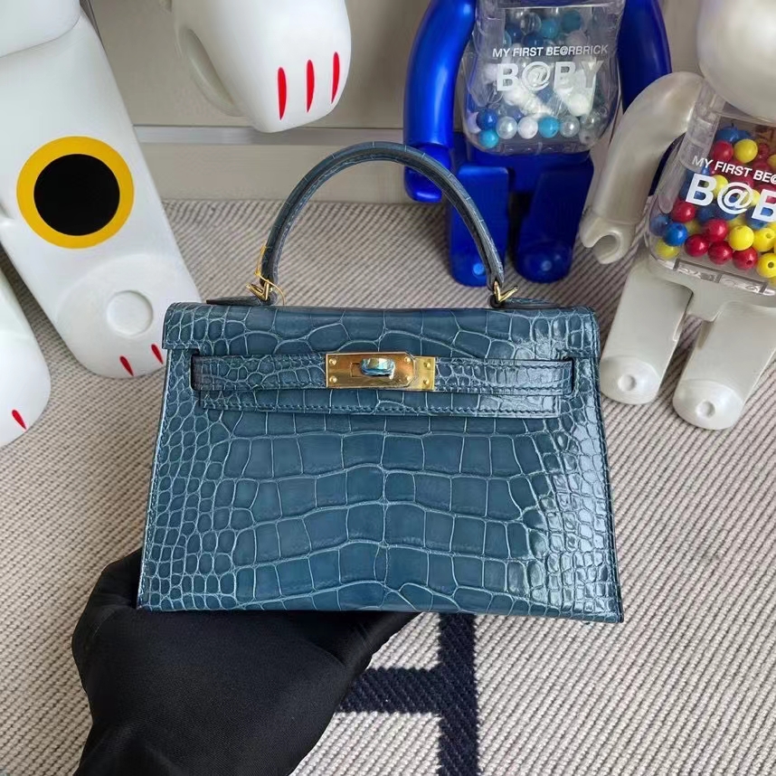 Hermès（爱马仕）Mini kelly ll Alligator shiny 亮面鳄鱼 1p 鸭子蓝 金扣 顶级手缝 现货