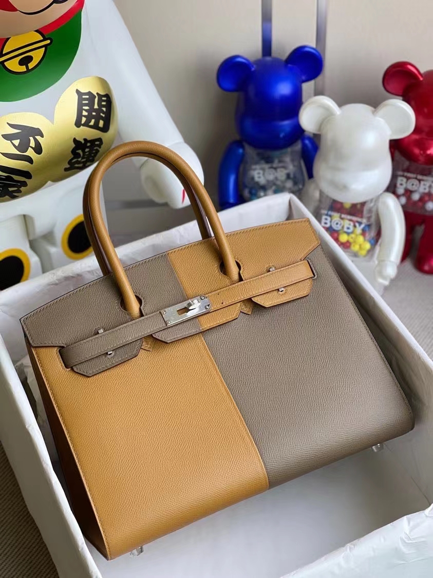Hermès（爱马仕）Birkin 铂金包 Epsom 原厂掌纹皮 2S芝麻黄锡器灰 内拼坦桑尼亚蓝 银扣 30cm
