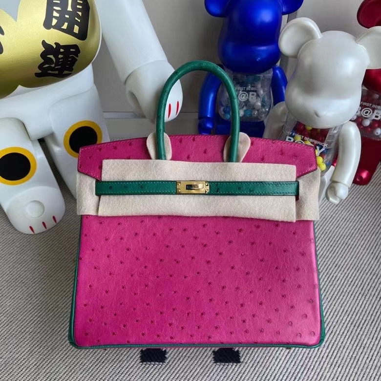 Hermès（爱马仕）Birkin 铂金包 Ostrich kk鸵鸟 天方夜谭粉拼紫丝绒绿 金扣 马蹄印 25cm 定制
