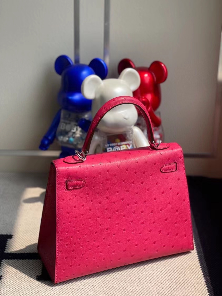 Hermès（爱马仕）Kelly 凯莉包 Ostrich kk 鸵鸟 E5桃红 银扣 顶级手缝 定制 25cm