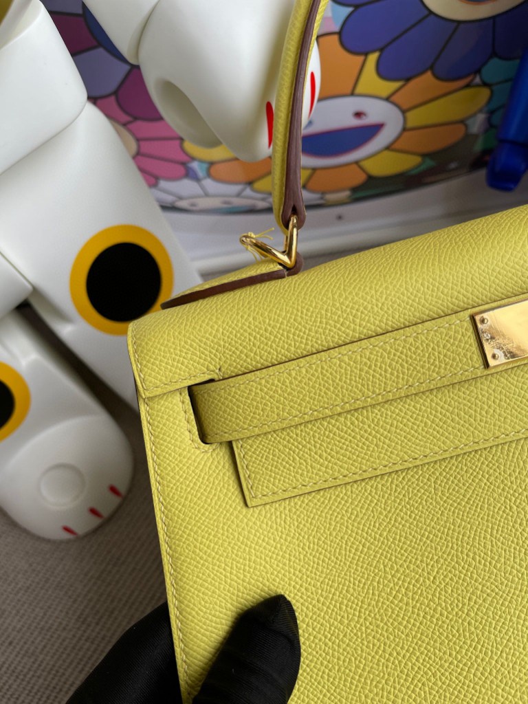 Hermès（爱马仕）Kelly 凯莉包 Epsom 原厂掌纹皮 9R 柠檬黄 Lime 金扣 28cm 顶级手缝