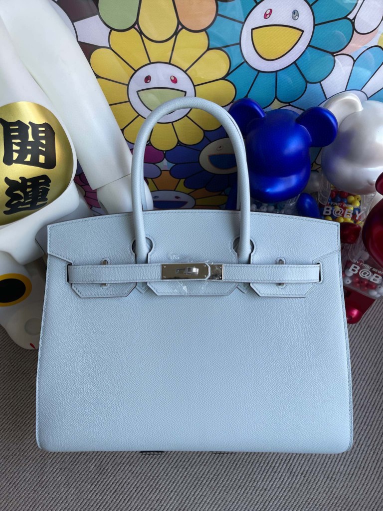 Hermès（爱马仕）Birkin 铂金包 Epsom 原厂掌纹皮 T0 雾蓝色 银扣 30cm 顶级手缝 定制