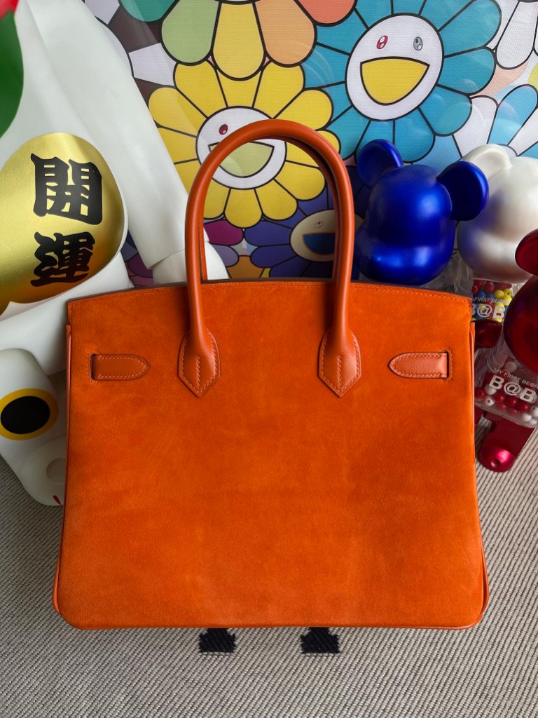 Hermès（爱马仕）Birkin 铂金包 麂皮 橙色拼boxcalf 橙色 银扣 30cm 顶级手缝 定制