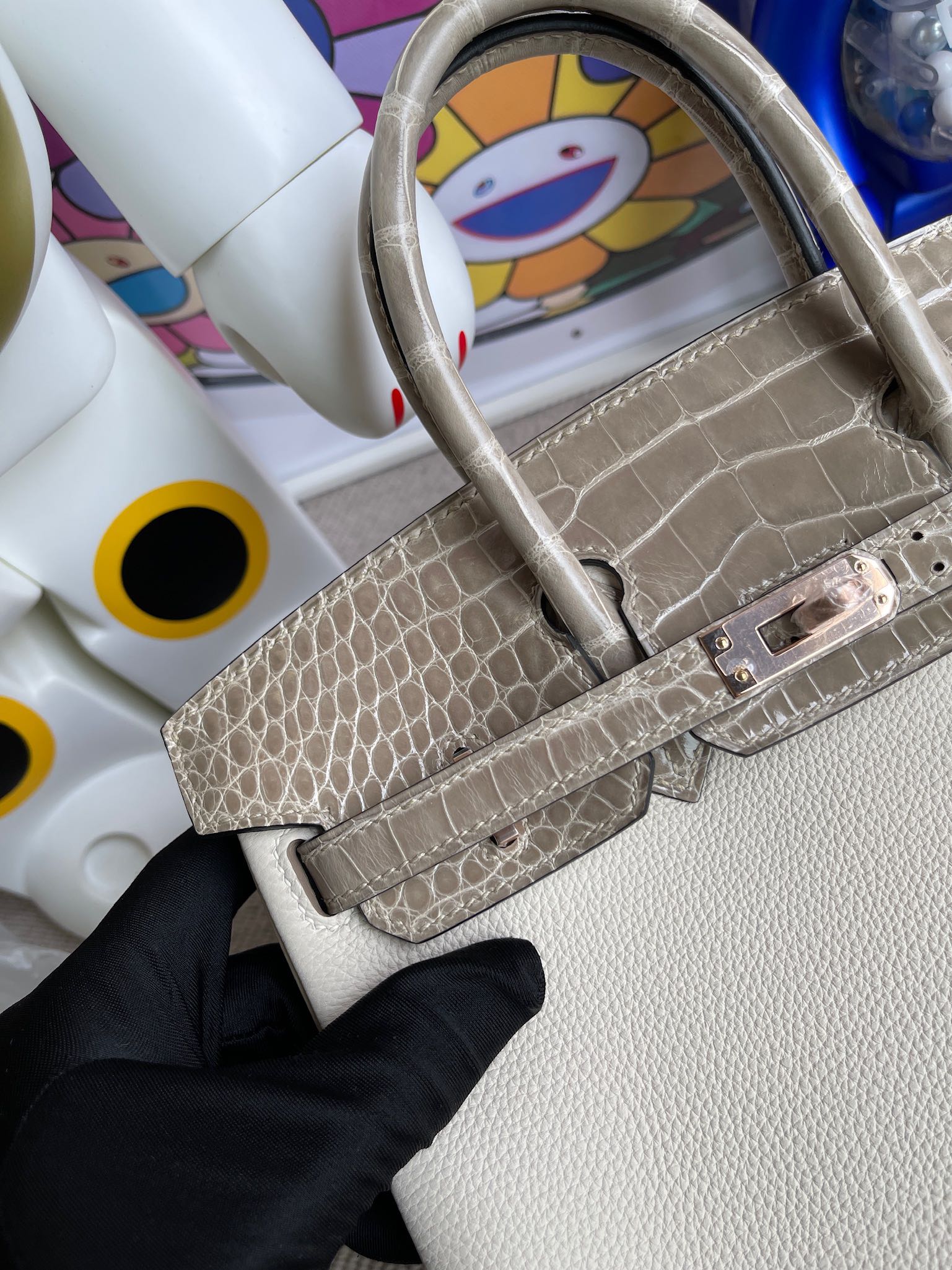 Hermès（爱马仕）Touch 系列 Birkin 铂金包 奶油白 拼 斑鸠灰 亮面鳄鱼 玫瑰金扣 25cm 顶级手缝