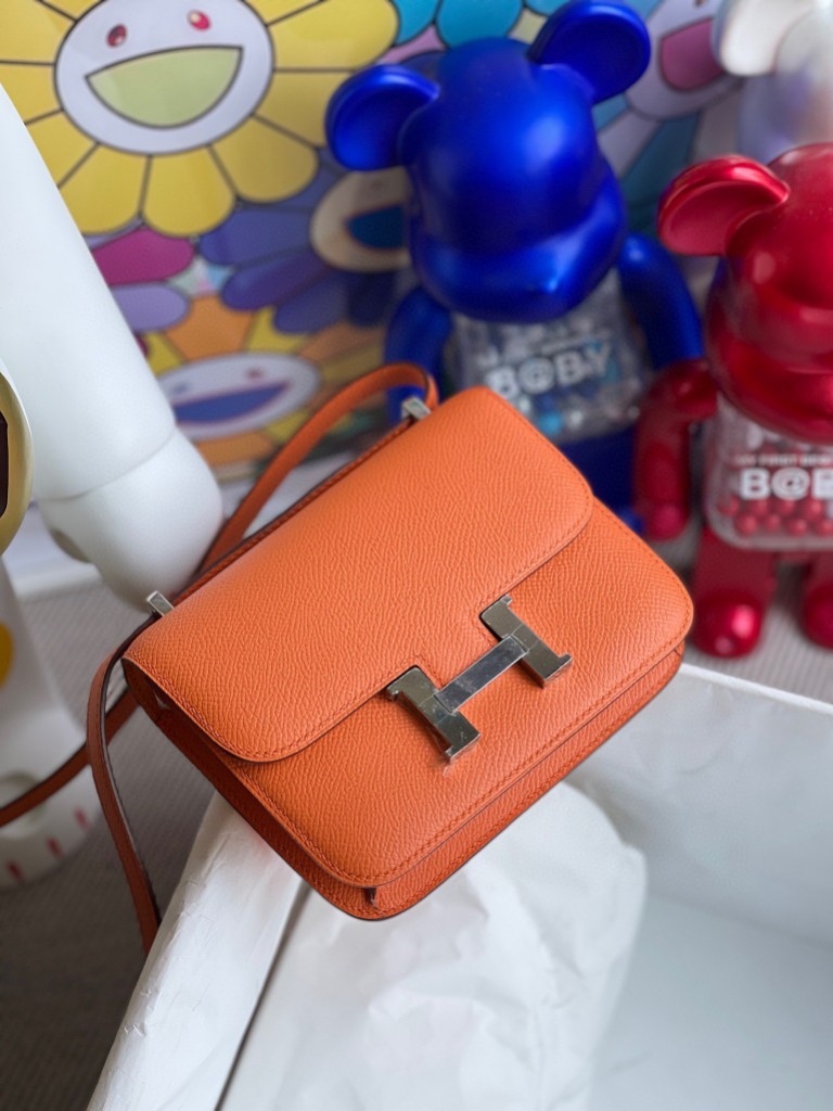 Hermès（爱马仕）Constance 康斯坦斯 Epsom 原厂掌纹皮 93 橙色 orange 银扣 14cm 顶级手缝