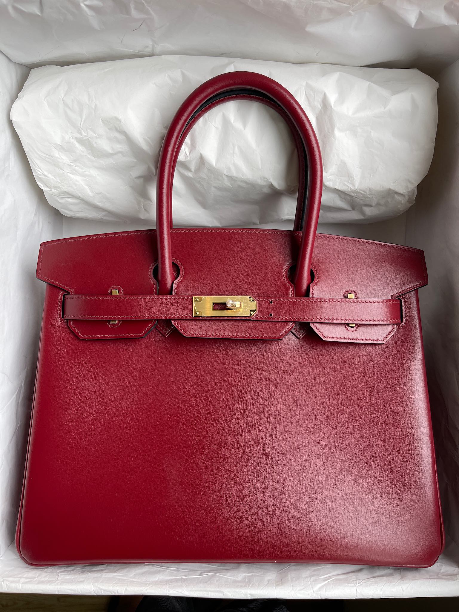 Hermès（爱马仕）Birkin 铂金包 Boxcalf 爱马仕红 Rouge H 金扣 30cm 顶级手缝 定制