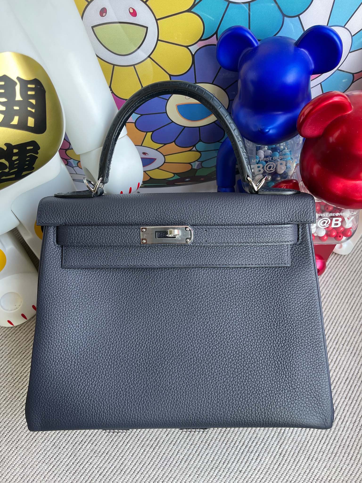 Hermès（爱马仕）Touch系列 Kelly 凯莉包 午夜蓝 拼 雾面鳄鱼 银扣 28cm 顶级手缝