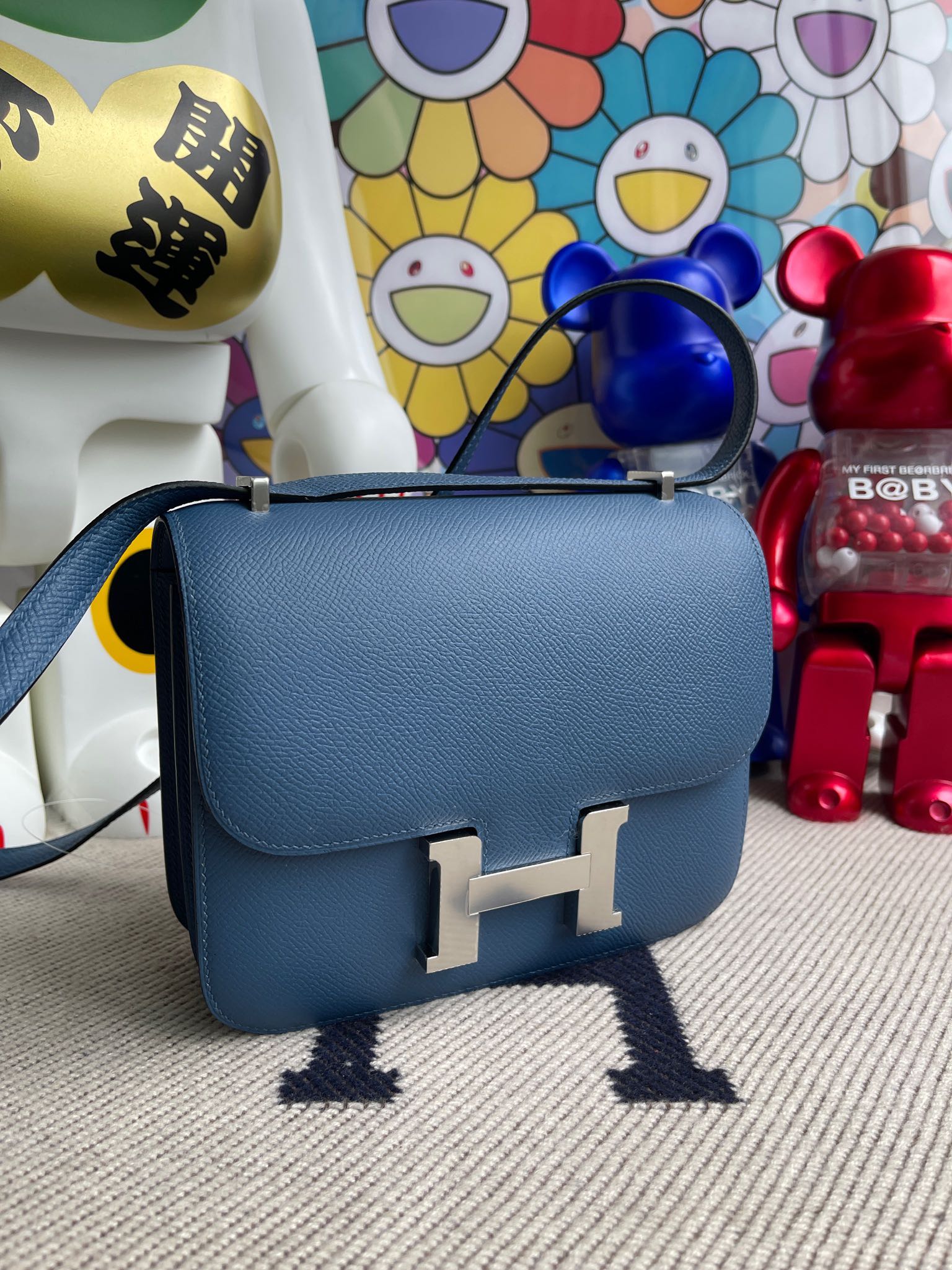 Hermès（爱马仕）Constance 空姐包 Epsom 原厂掌纹皮 雾霾蓝 银扣 18cm 顶级手缝 现货