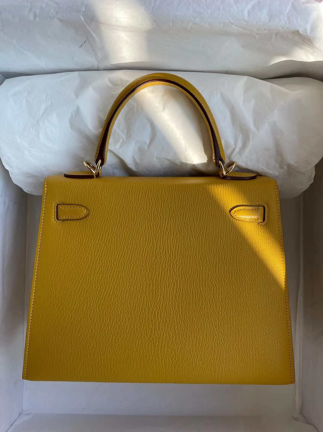 Hermès（爱马仕）Kelly 凯莉包 Chevre 进口山羊皮 9D 琥珀黄 金扣 25cm 订制