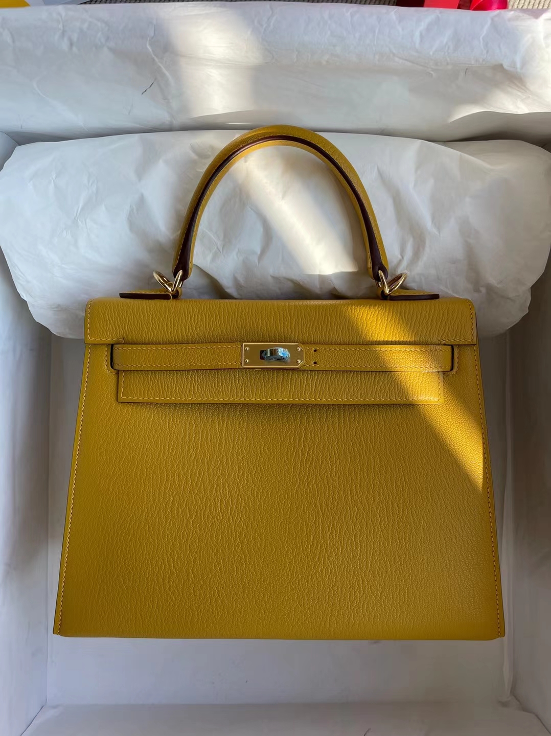 Hermès（爱马仕）Kelly 凯莉包 Chevre 进口山羊皮 9D 琥珀黄 金扣 25cm 订制