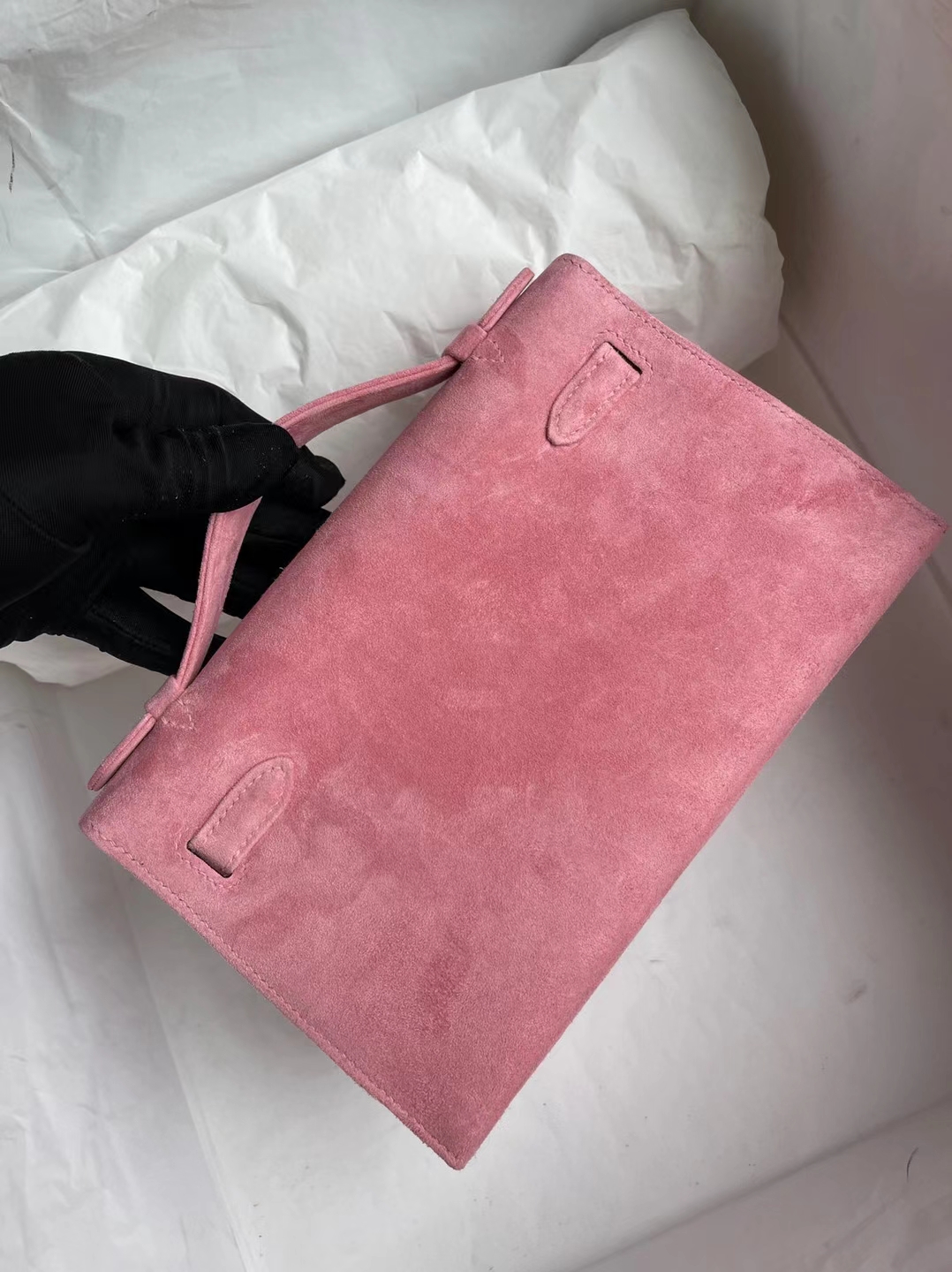 Hermès（爱马仕）MiniKelly Pochette 麂皮 1Q 奶昔粉 银扣 22cm