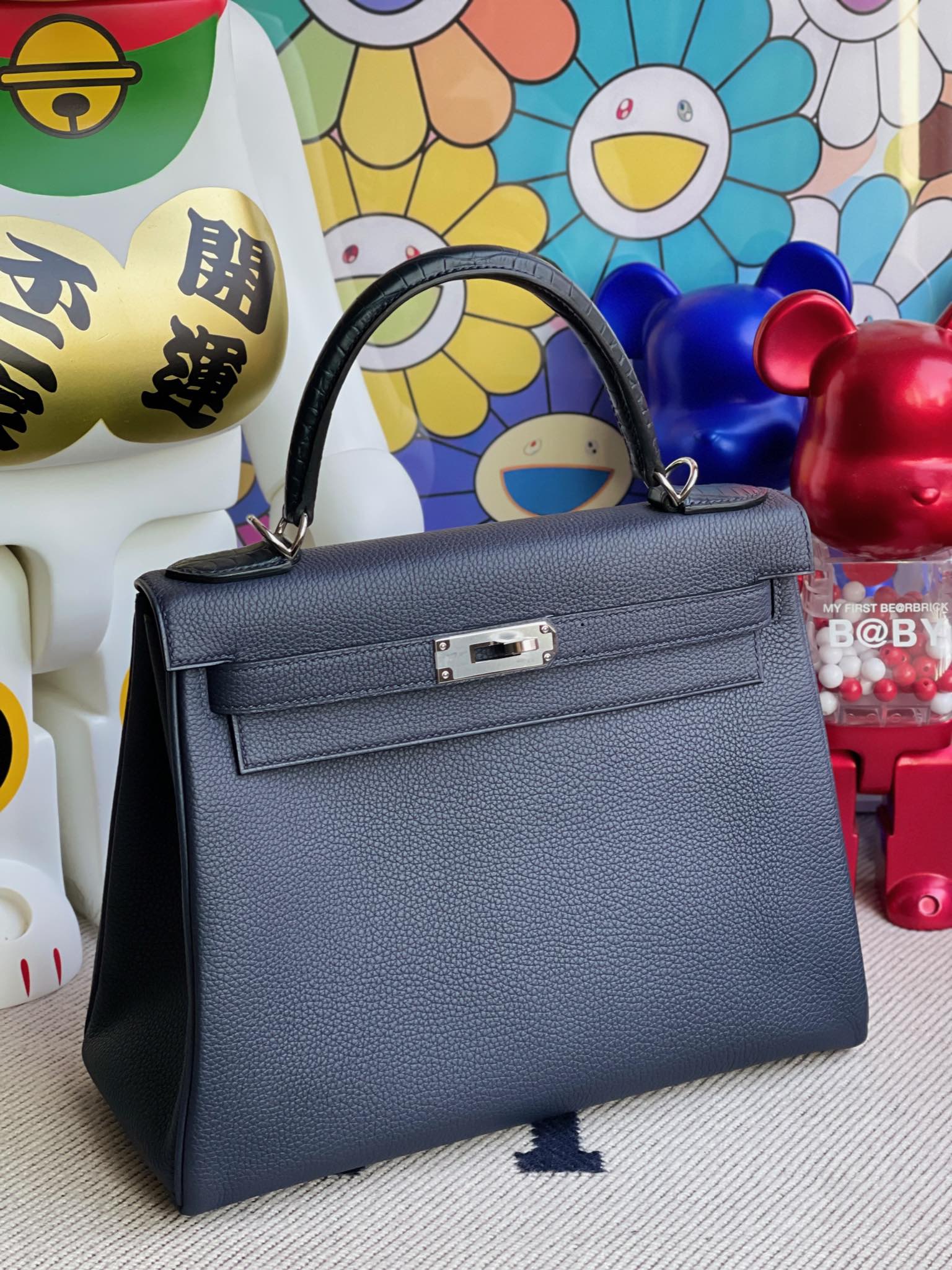 Hermès（爱马仕）Touch系列 Kelly 凯莉包 午夜蓝 拼 雾面鳄鱼 银扣 28cm 顶级手缝
