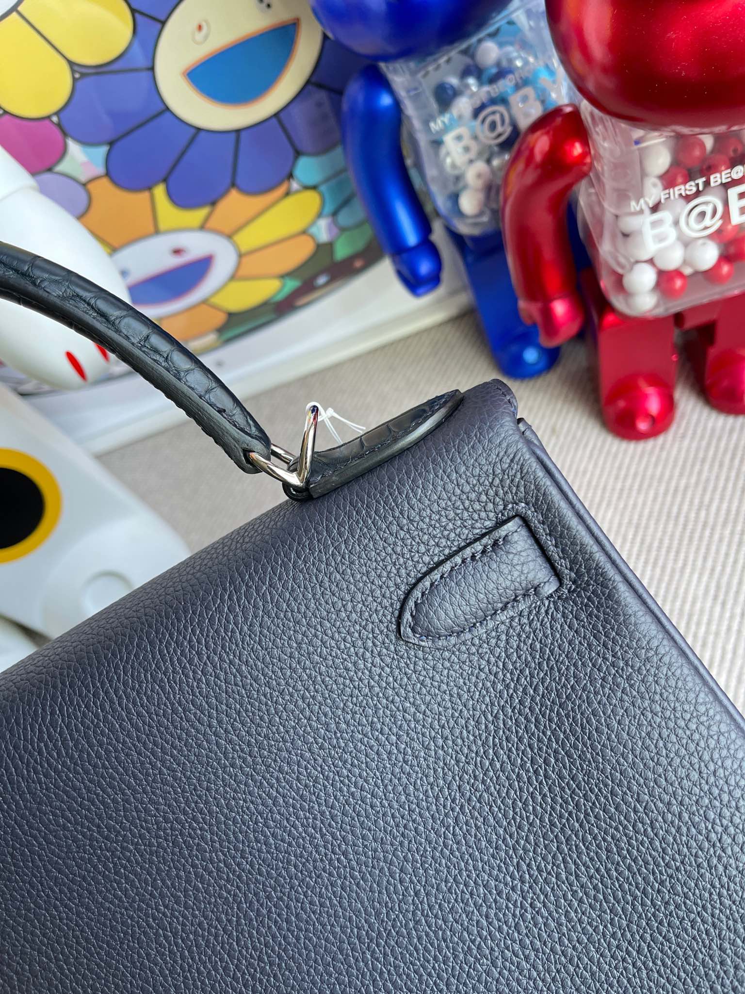 Hermès（爱马仕）Touch系列 Kelly 凯莉包 午夜蓝 拼 雾面鳄鱼 银扣 28cm 顶级手缝