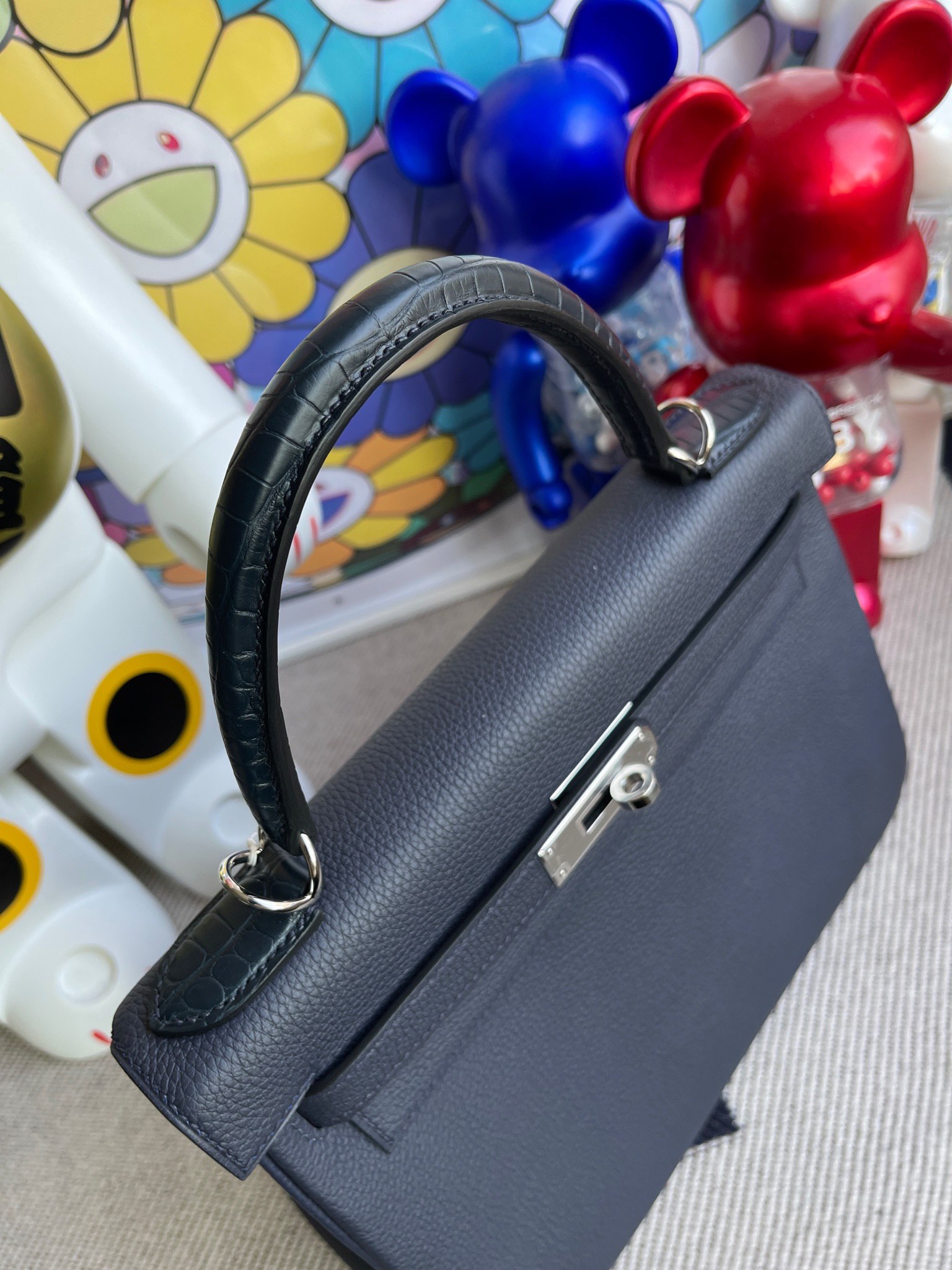 Hermès（爱马仕）Touch系列 Kelly 凯莉包 午夜蓝 拼 雾面鳄鱼 银扣 28cm 顶级手缝