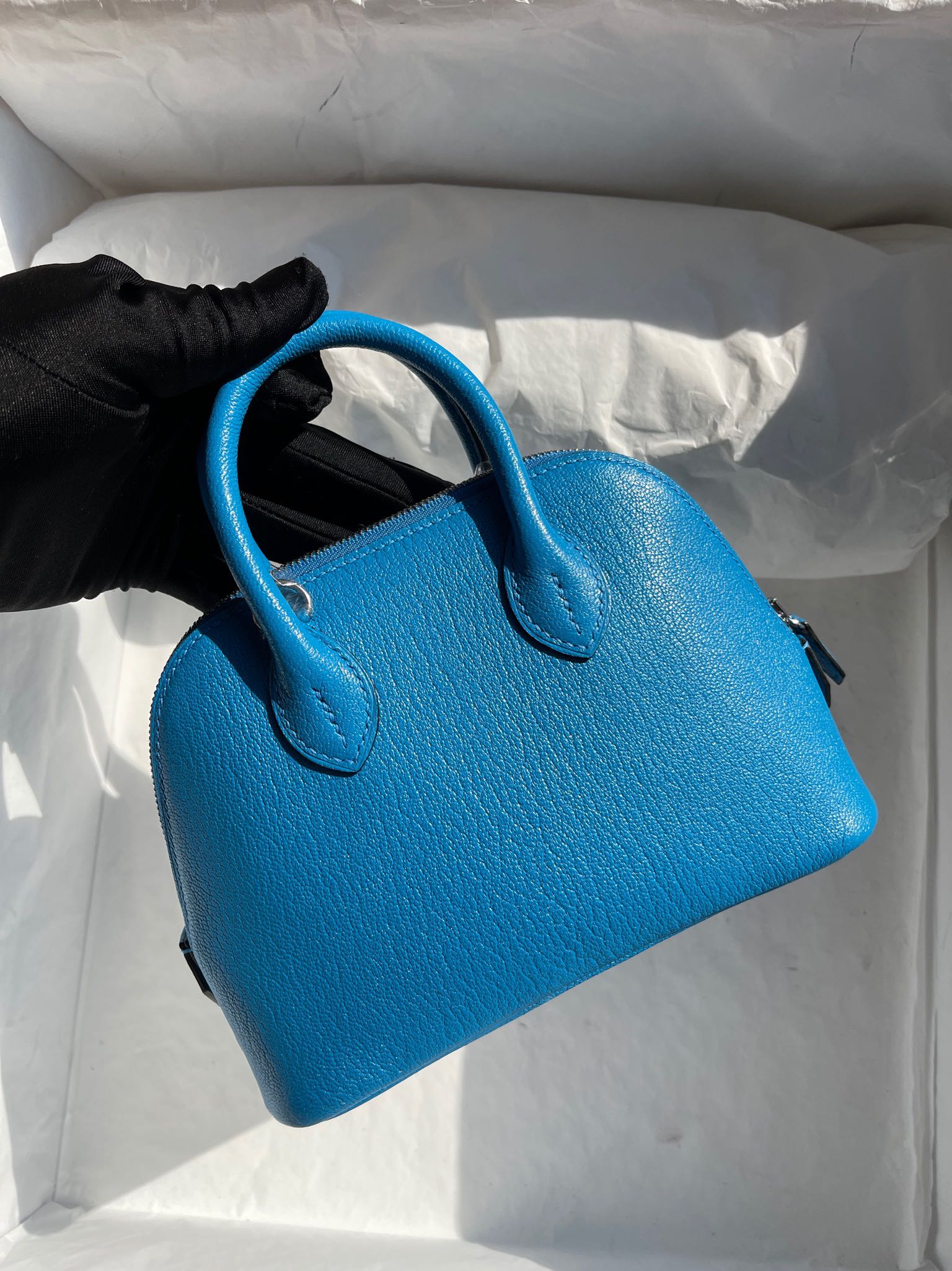 Hermès（爱马仕）Mini Bolide 迷你保龄球包 Chevre F0 佛罗里达蓝 银扣 顶级手缝