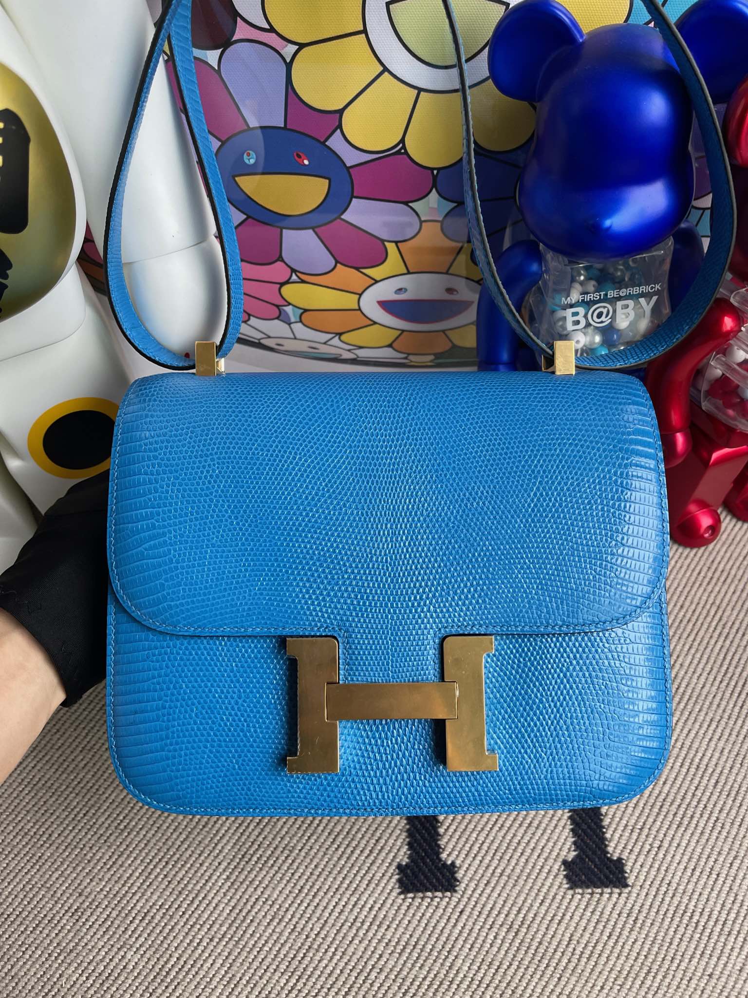 Hermès（爱马仕）Constance 康康 Lizard 进口亮面蜥蜴 7Q 希腊蓝 金扣 24cm 顶级手缝