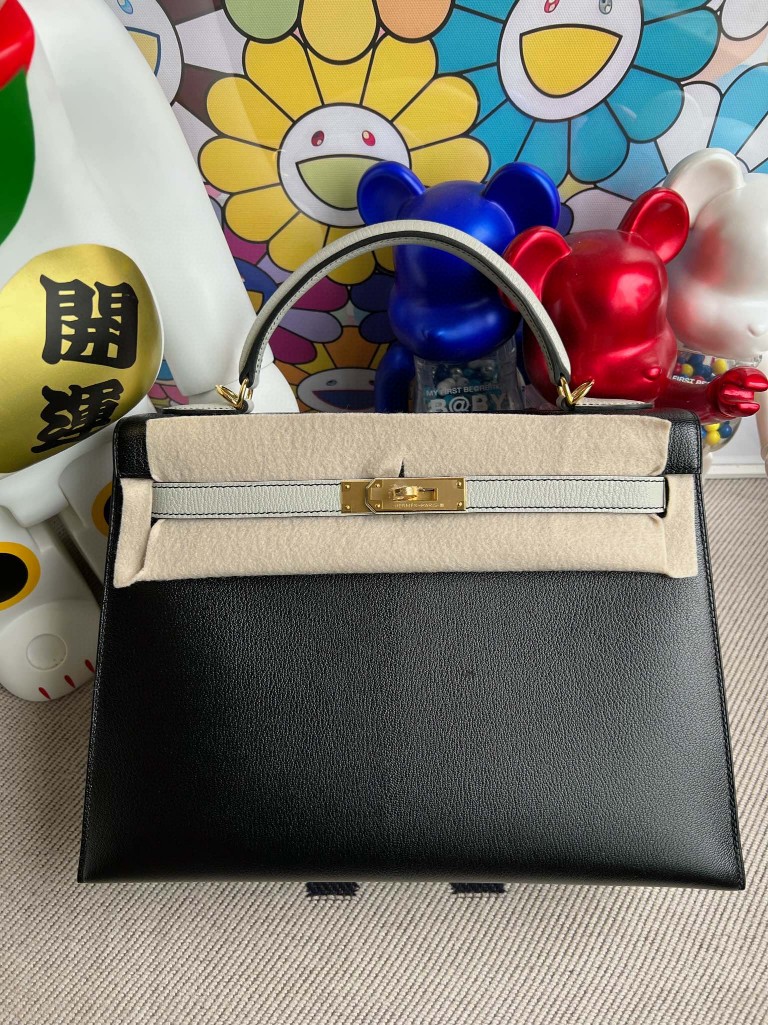 Hermès（爱马仕）Kelly 凯莉包 Chevre 山羊皮 黑色 拼 海鸥灰 金扣 32cm 顶级手缝 现货