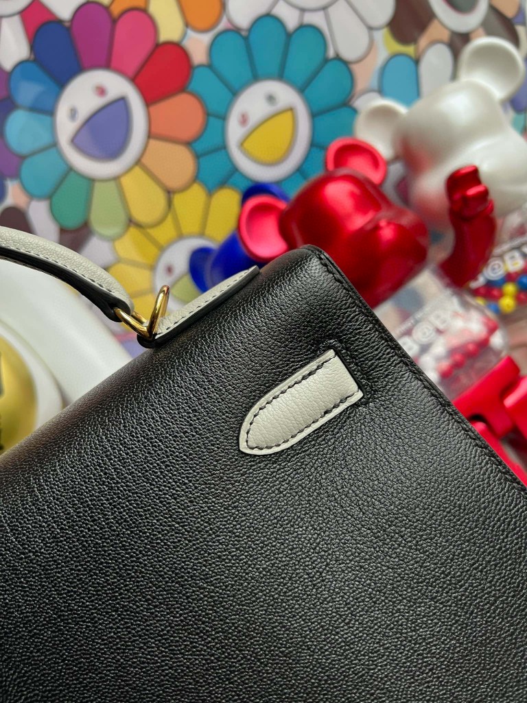Hermès（爱马仕）Kelly 凯莉包 Chevre 山羊皮 黑色 拼 海鸥灰 金扣 32cm 顶级手缝 现货