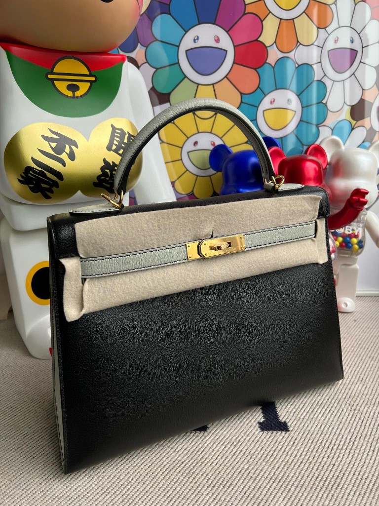 Hermès（爱马仕）Kelly 凯莉包 Chevre 山羊皮 黑色 拼 海鸥灰 金扣 32cm 顶级手缝 现货