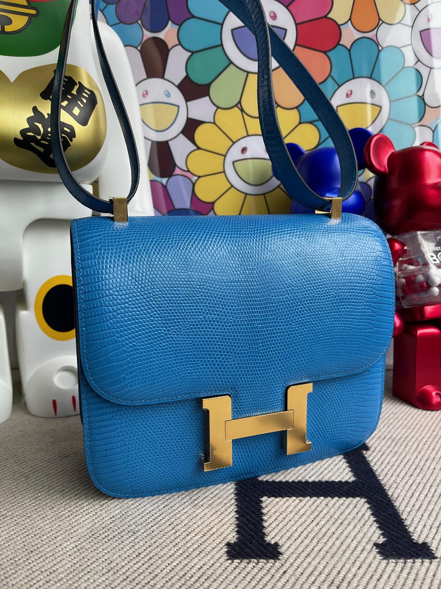 Hermès（爱马仕）Constance 康康 Lizard 进口亮面蜥蜴 7Q 希腊蓝 金扣 24cm 顶级手缝