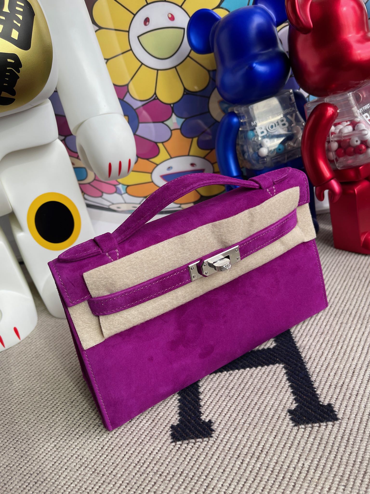 Hermès（爱马仕）Mini kelly pochette 麂皮 紫色 银扣 22cm 晚宴包 顶级手缝